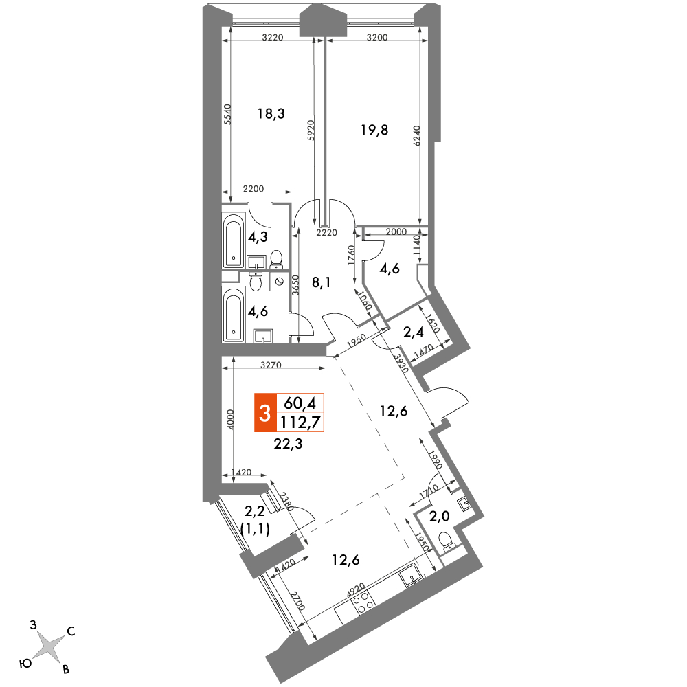 3-комнатная квартира с отделкой в ЖК Архитектор на 14 этаже в 2 секции. Сдача в 4 кв. 2023 г.