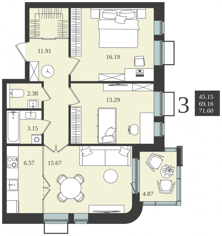 3-комнатная квартира с отделкой в ЖК Квартал на Никулинской на 21 этаже в 1 секции. Сдача в 2 кв. 2021 г.