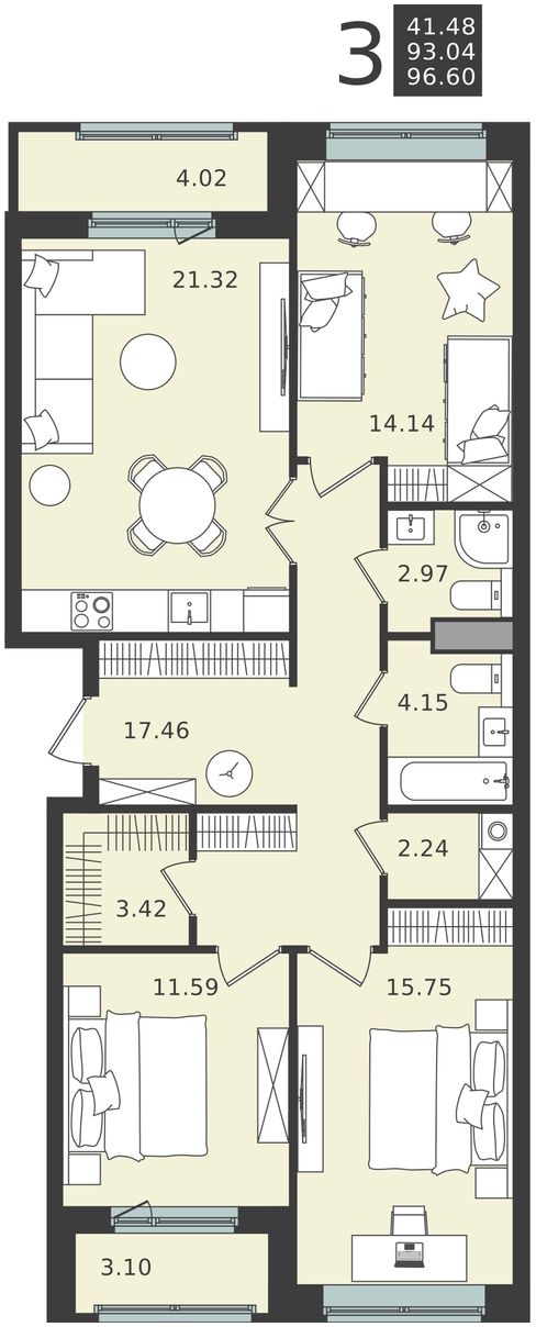 3-комнатная квартира в ЖК Союзный на 11 этаже в 5 секции. Дом сдан.
