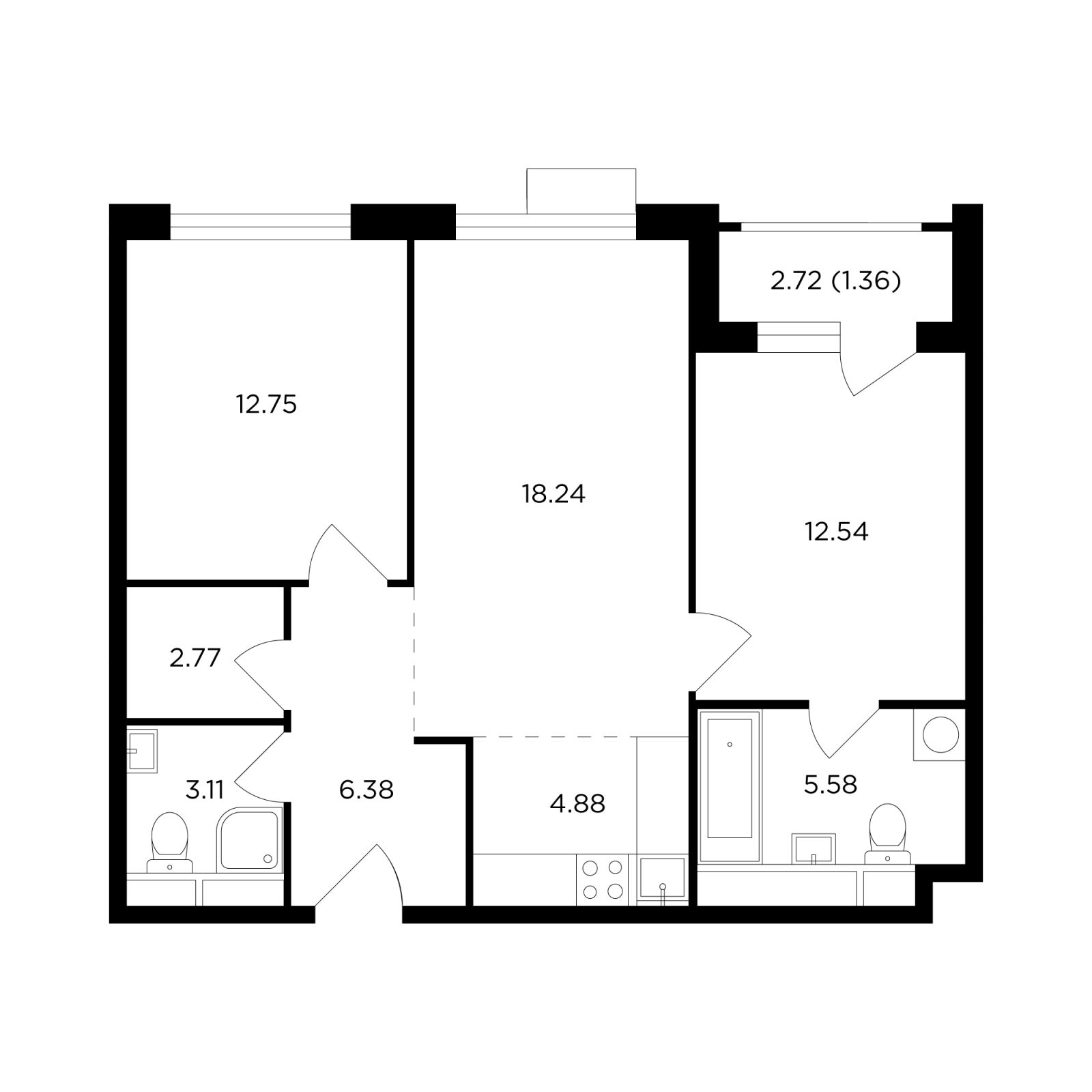 3-комнатная квартира в ЖК TopHILLS на 26 этаже в 1 секции. Сдача в 1 кв. 2023 г.