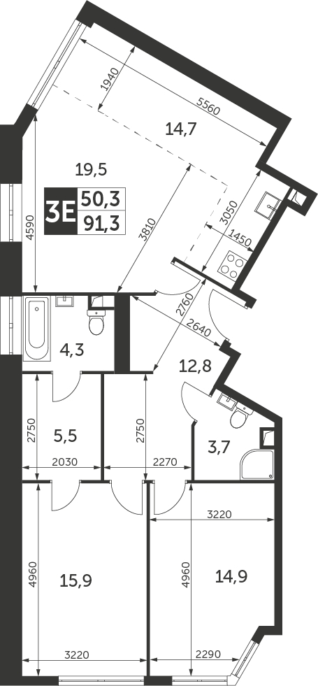 2-комнатная квартира в ЖК Мишино-2 на 3 этаже в 4 секции. Сдача в 1 кв. 2024 г.