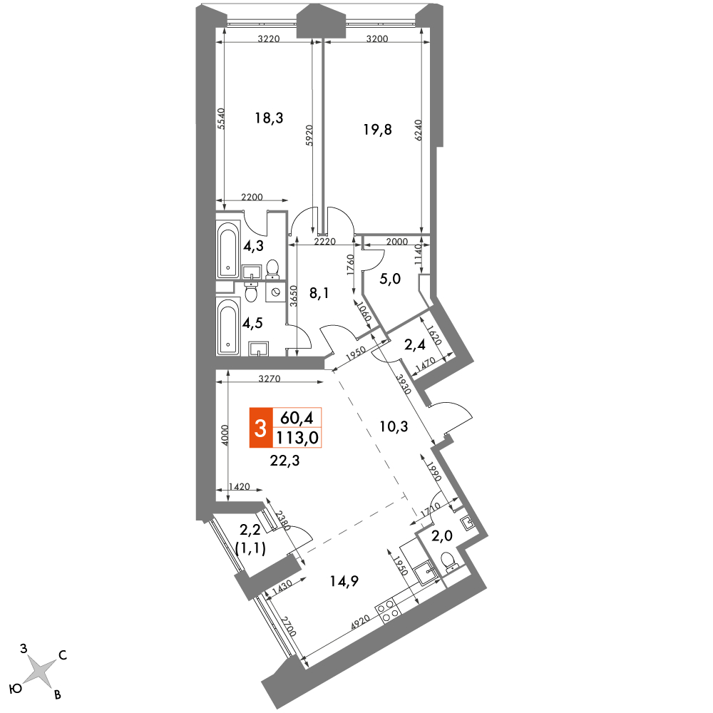 3-комнатная квартира с отделкой в ЖК Настоящее на 12 этаже в 3 секции. Сдача в 4 кв. 2022 г.
