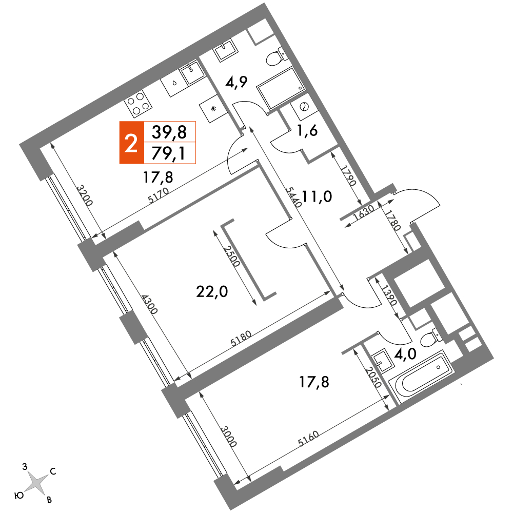 4-комнатная квартира с отделкой в ЖК Настоящее на 12 этаже в 1 секции. Сдача в 4 кв. 2022 г.