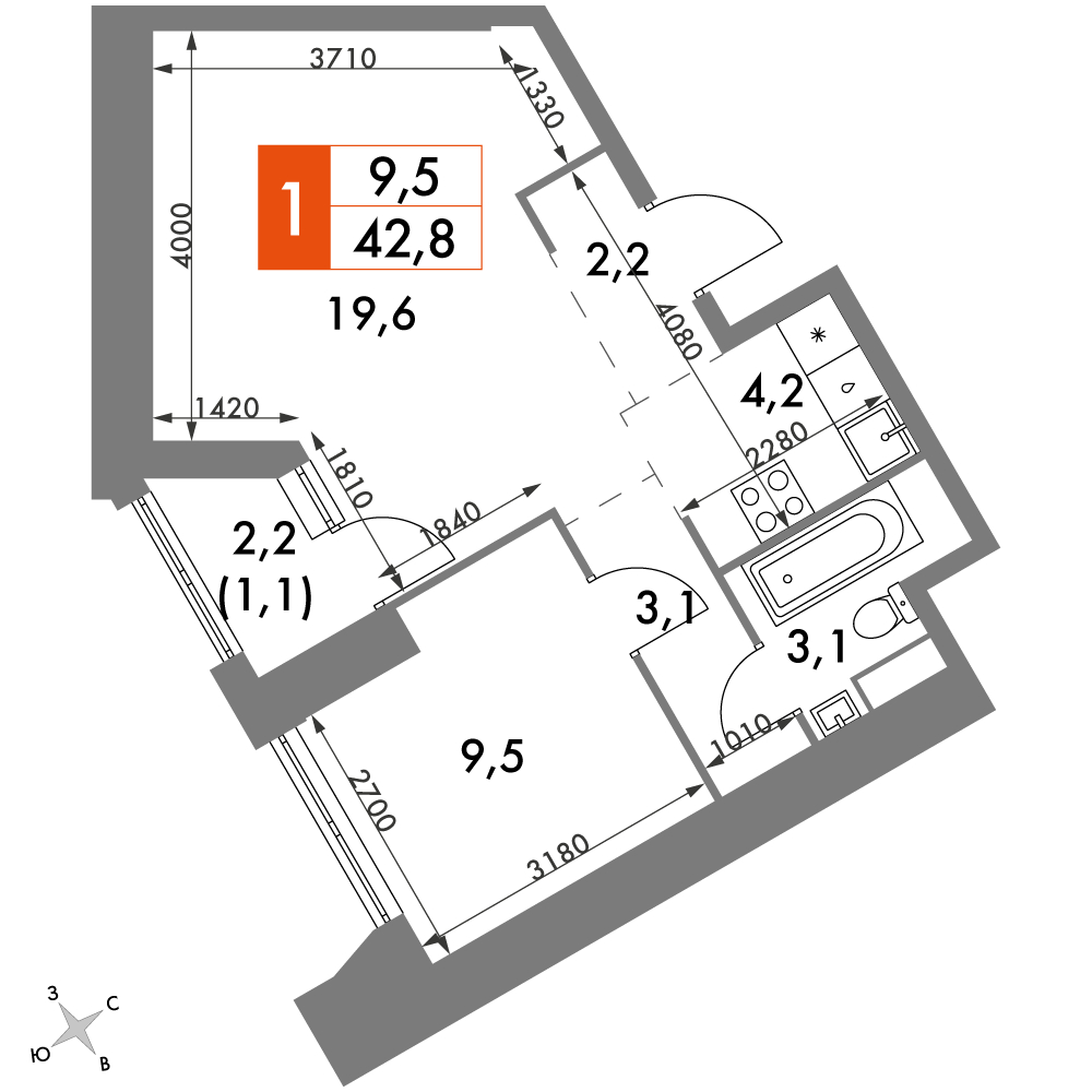 3-комнатная квартира в ЖК Мишино-2 на 1 этаже в 2 секции. Сдача в 1 кв. 2024 г.