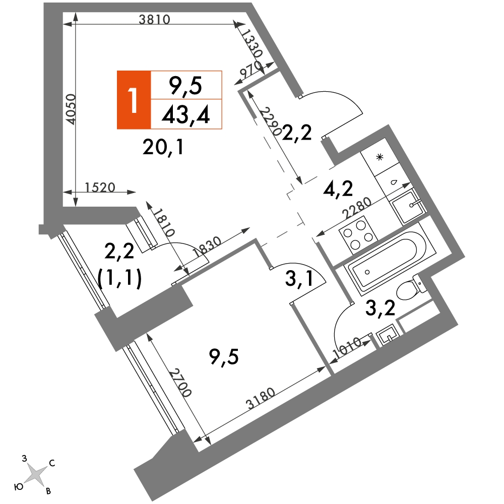 1-комнатная квартира (Студия) с отделкой в ЖК Аквилон SKY на 24 этаже в 2 секции. Сдача в 3 кв. 2022 г.