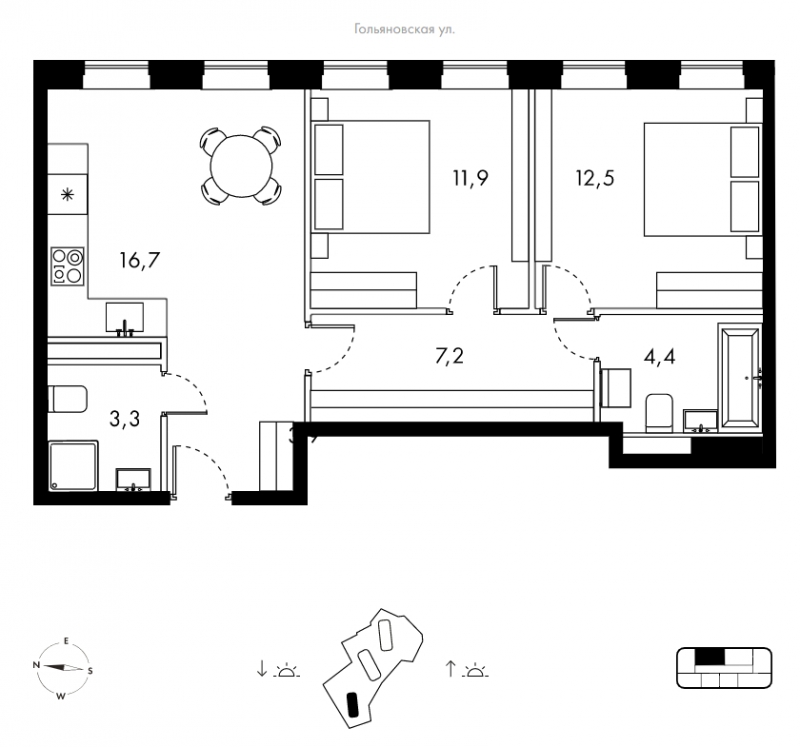 2-комнатная квартира в ЖК Квартал апартаментов Искра-Парк на 16 этаже в 9 секции. Сдача в 1 кв. 2019 г.