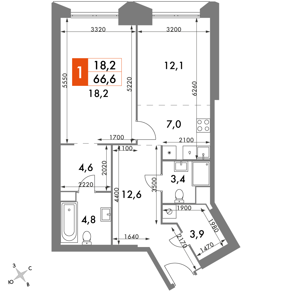 1-комнатная квартира (Студия) в ЖК TopHILLS на 24 этаже в 1 секции. Сдача в 1 кв. 2023 г.