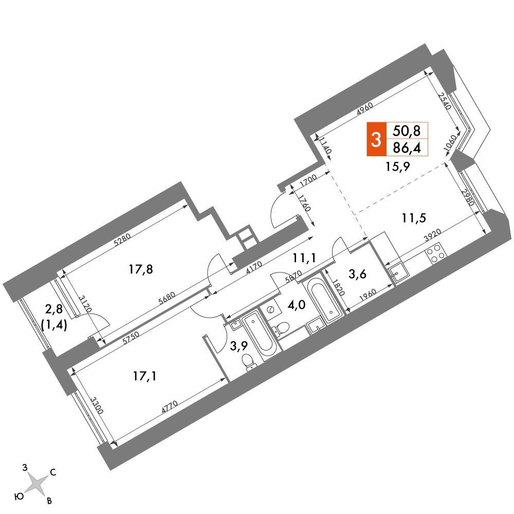 4-комнатная квартира с отделкой в ЖК Настоящее на 13 этаже в 7 секции. Сдача в 4 кв. 2022 г.