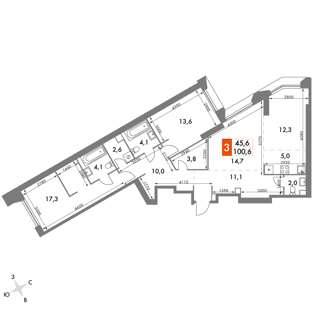 4-комнатная квартира с отделкой в ЖК Настоящее на 14 этаже в 1 секции. Сдача в 4 кв. 2022 г.