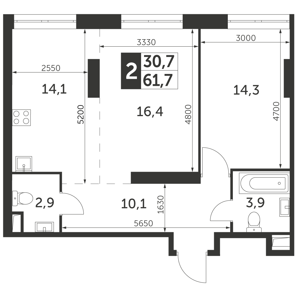 2-комнатная квартира с отделкой в ЖК Архитектор на 14 этаже в 1 секции. Сдача в 4 кв. 2023 г.