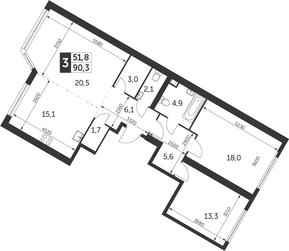 1-комнатная квартира (Студия) с отделкой в ЖК Остафьево на 13 этаже в 1 секции. Сдача в 4 кв. 2024 г.