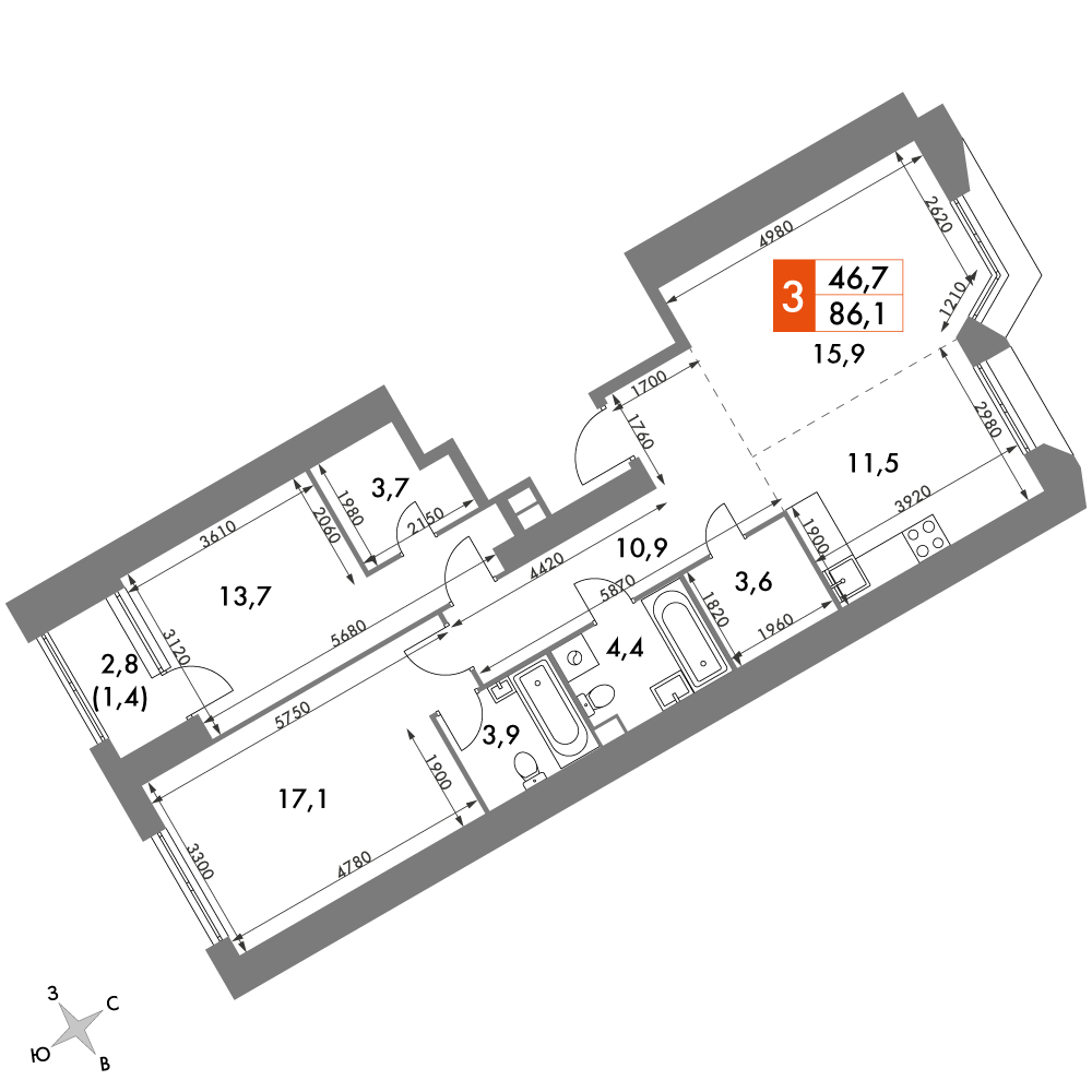 3-комнатная квартира с отделкой в ЖК Ривер парк на 17 этаже в 10 секции. Дом сдан.
