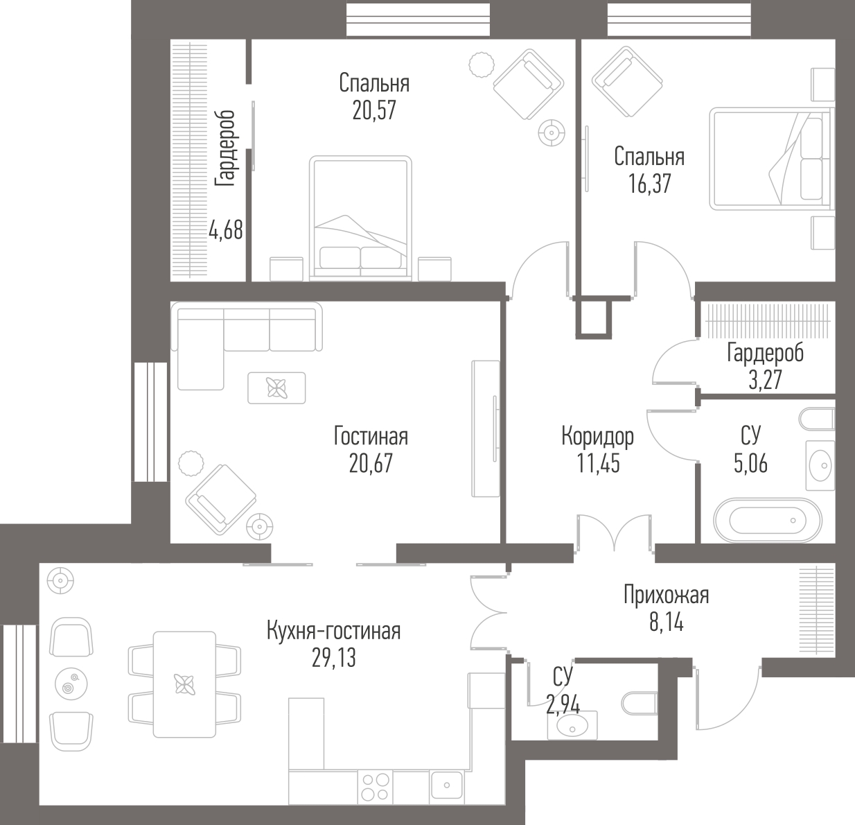 3-комнатная квартира с отделкой в ЖК Bauman House на 2 этаже в 1 секции. Сдача в 4 кв. 2021 г.