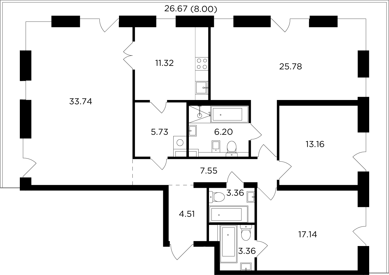 4-комнатная квартира в ЖК TopHILLS на 26 этаже в 1 секции. Сдача в 1 кв. 2023 г.