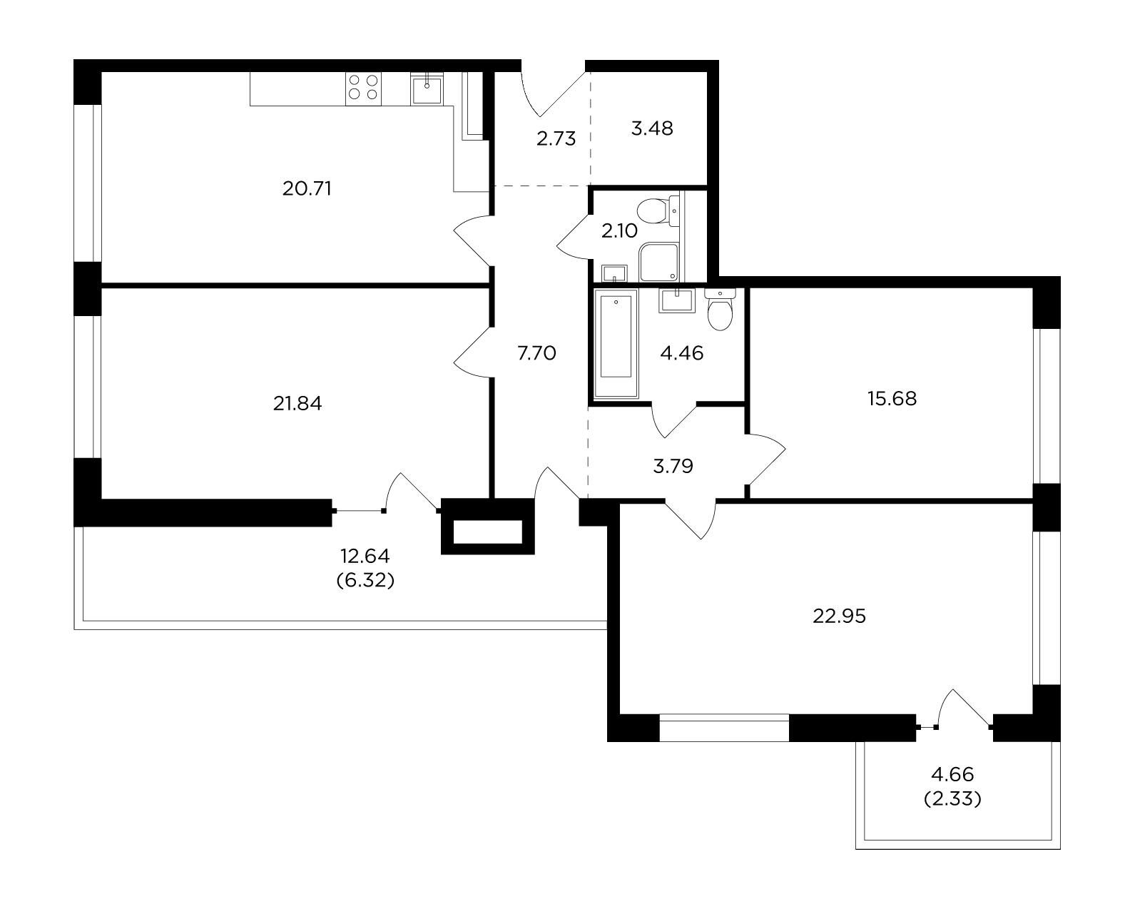 3-комнатная квартира в ЖК RiverSky на 8 этаже в 2 секции. Сдача в 4 кв. 2021 г.