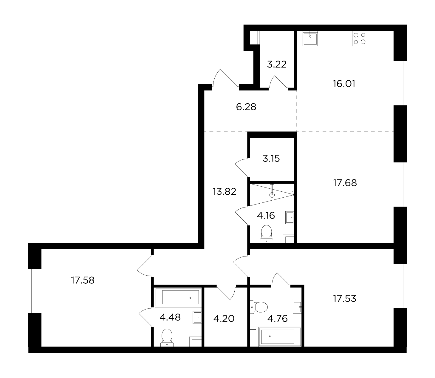 3-комнатная квартира в ЖК FORIVER на 9 этаже в 2 секции. Сдача в 4 кв. 2023 г.