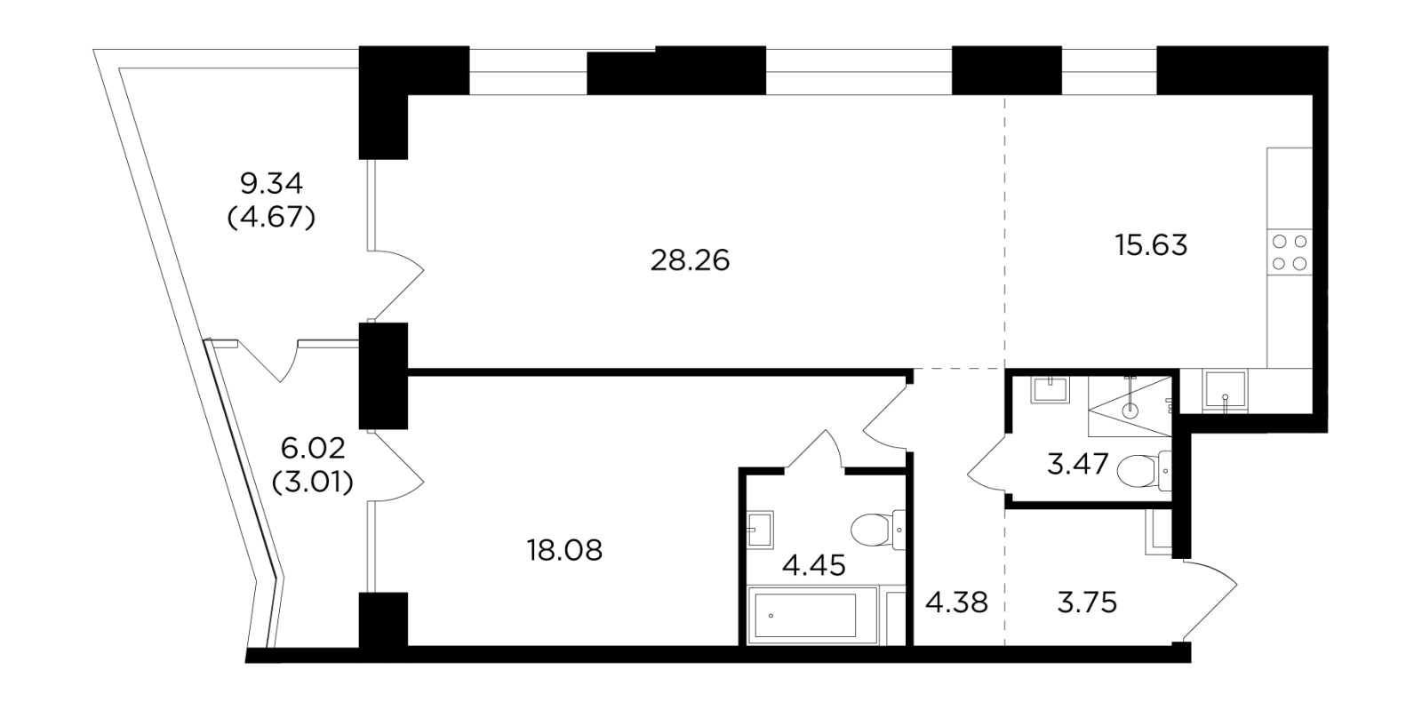 3-комнатная квартира в ЖК FORIVER на 16 этаже в 1 секции. Сдача в 4 кв. 2023 г.