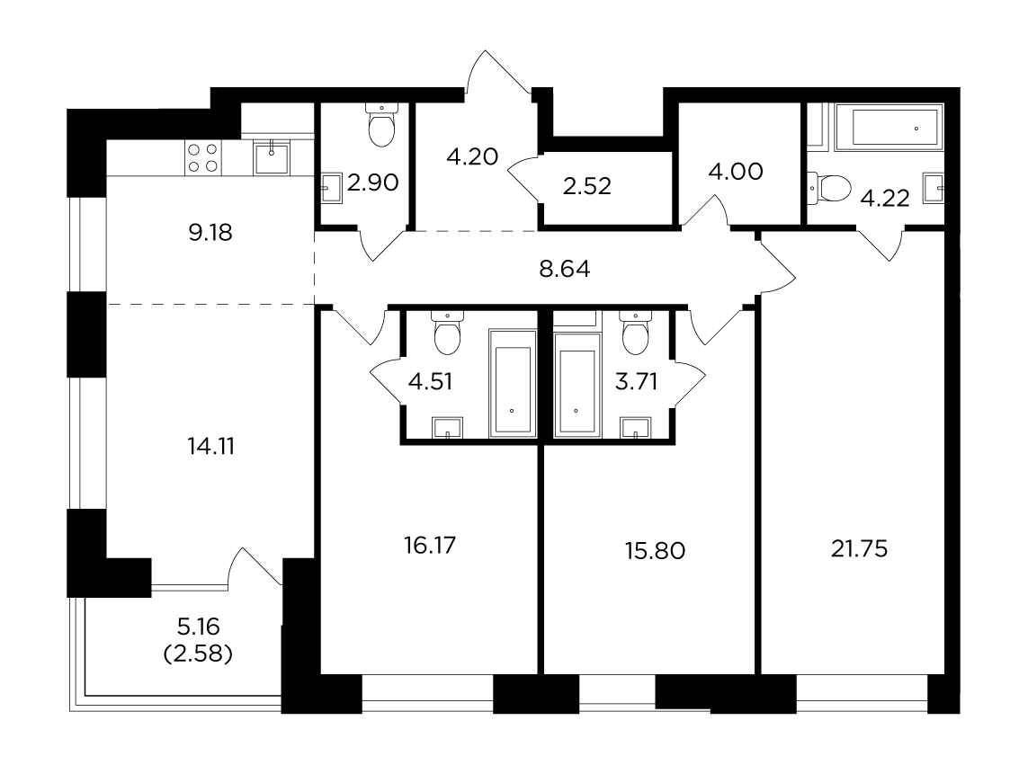 2-комнатная квартира в ЖК HomeCity на 1 этаже в 1 секции. Сдача в 2 кв. 2022 г.