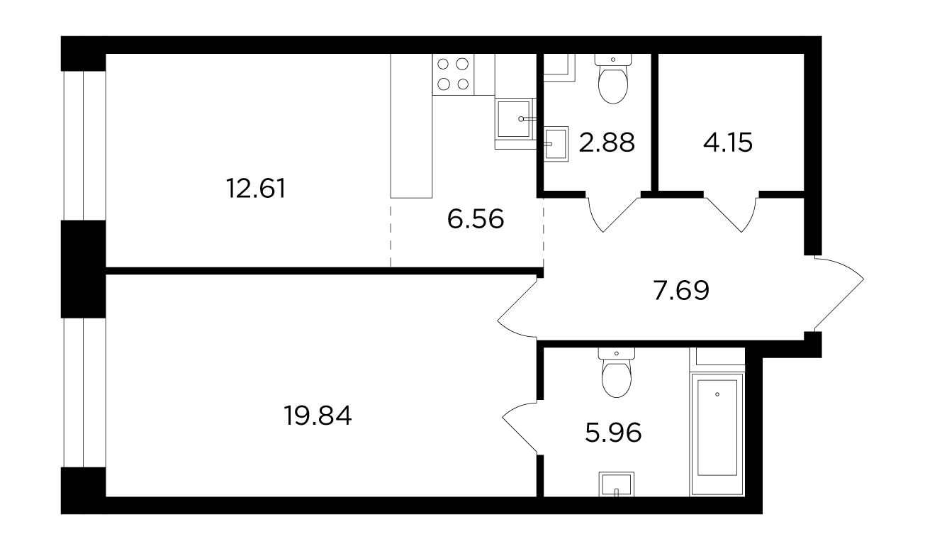 2-комнатная квартира в ЖК HomeCity на 7 этаже в 2 секции. Сдача в 1 кв. 2022 г.