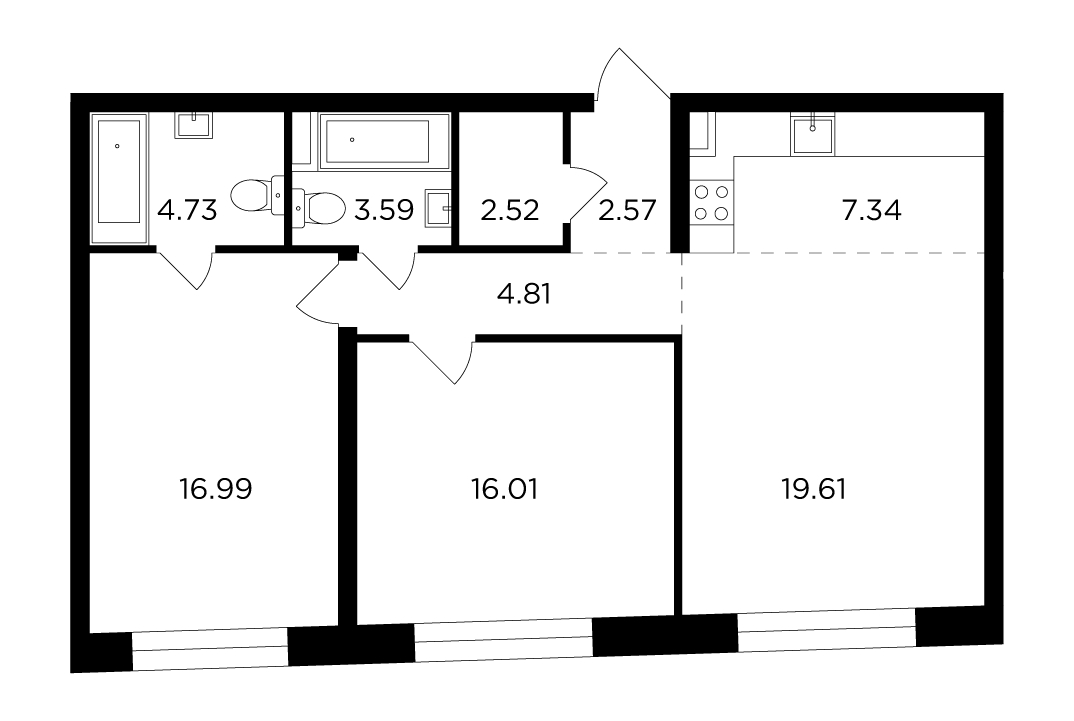 2-комнатная квартира в ЖК Prizma на 12 этаже в 1 секции. Сдача в 3 кв. 2021 г.
