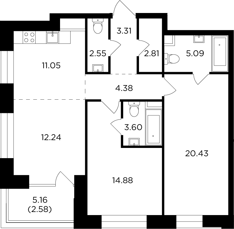 2-комнатная квартира с отделкой в ЖК Кронштадтский 9 на 6 этаже в 1 секции. Сдача в 3 кв. 2023 г.