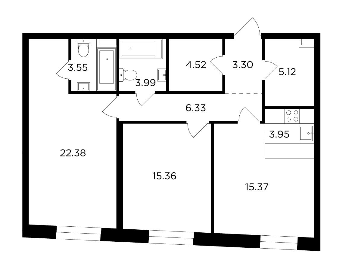 3-комнатная квартира с отделкой в ЖК Кронштадтский 9 на 26 этаже в 1 секции. Сдача в 4 кв. 2023 г.