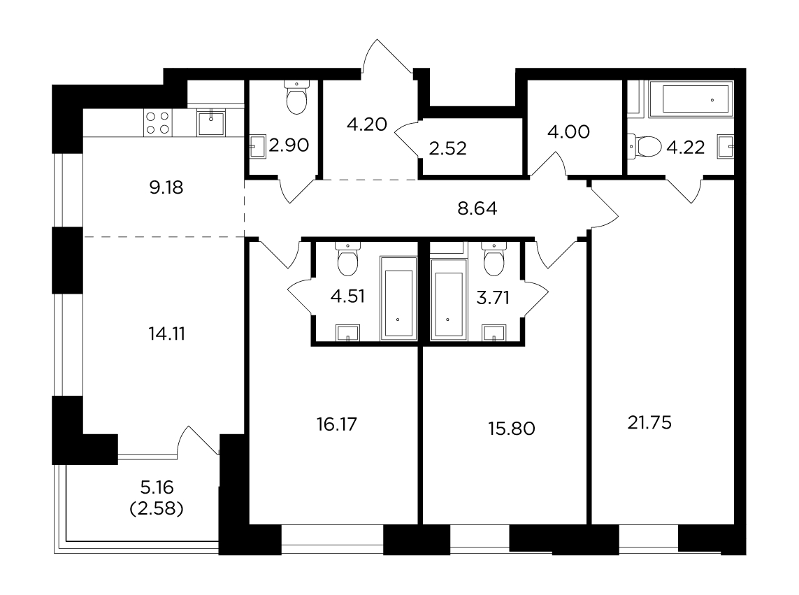 3-комнатная квартира в ЖК FORIVER на 10 этаже в 2 секции. Сдача в 4 кв. 2023 г.