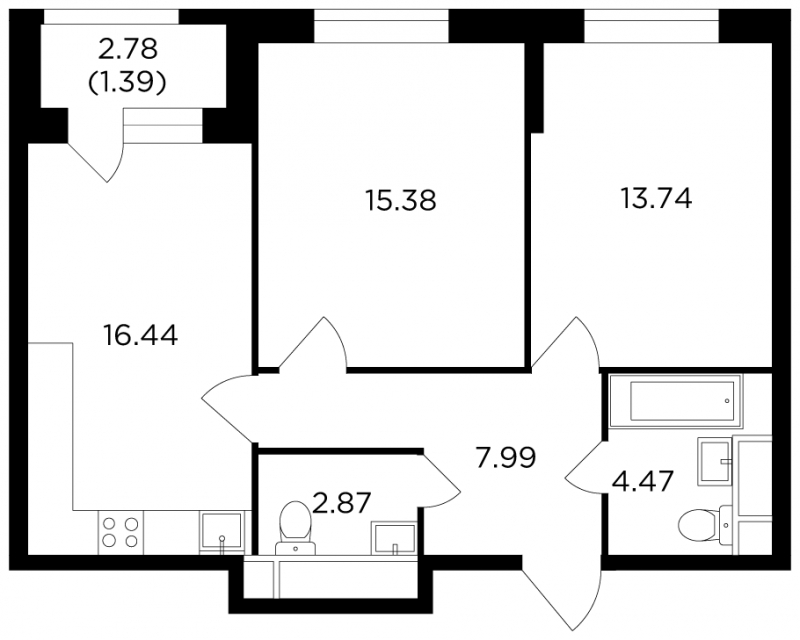2-комнатная квартира в ЖК FORIVER на 7 этаже в 1 секции. Сдача в 4 кв. 2023 г.