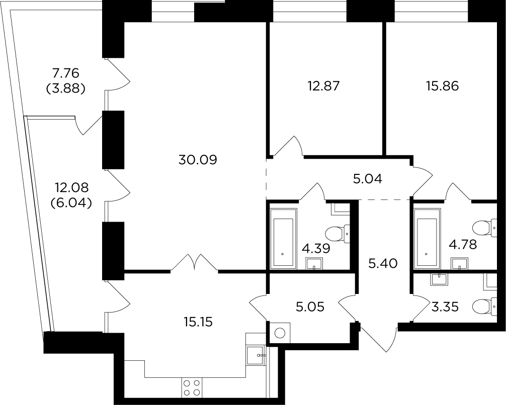 3-комнатная квартира с отделкой в ЖК Театральный квартал на 12 этаже в 1 секции. Сдача в 1 кв. 2022 г.