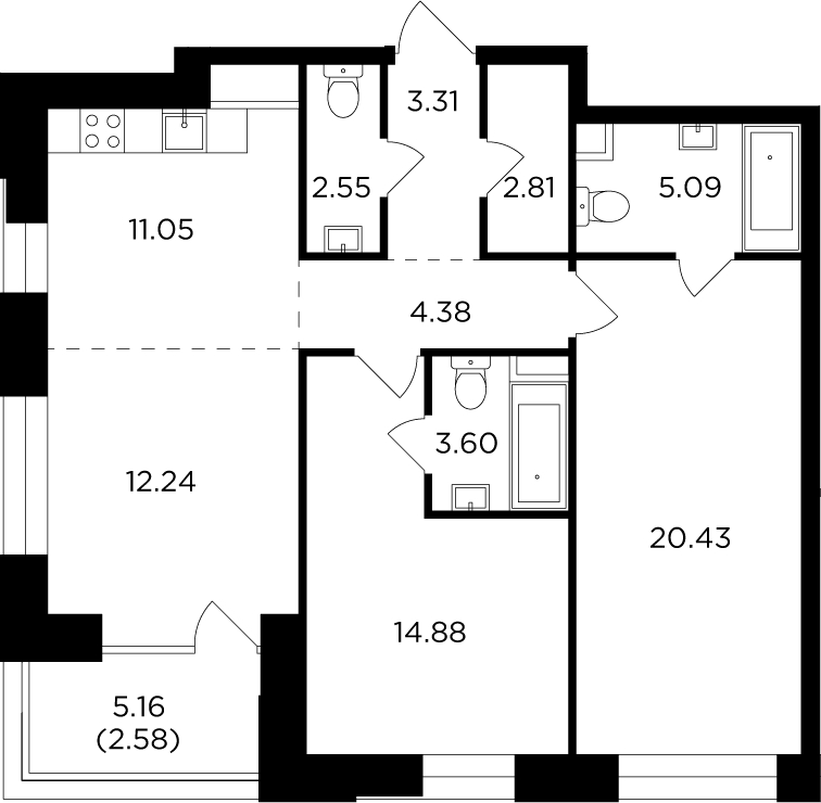 2-комнатная квартира с отделкой в ЖК Кронштадтский 9 на 28 этаже в 1 секции. Сдача в 3 кв. 2023 г.