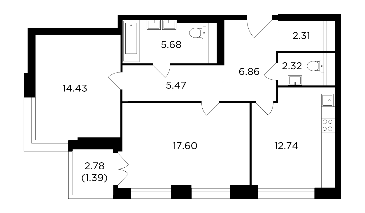 2-комнатная квартира в ЖК FORIVER на 11 этаже в 1 секции. Сдача в 4 кв. 2023 г.