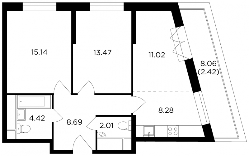3-комнатная квартира в ЖК КутузовGRAD 2 на 12 этаже в 1 секции. Сдача в 3 кв. 2022 г.