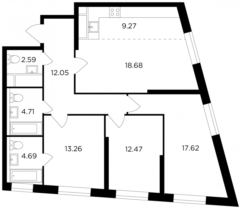 3-комнатная квартира с отделкой в ЖК Зорге 9 на 3 этаже в 1 секции. Сдача в 4 кв. 2021 г.