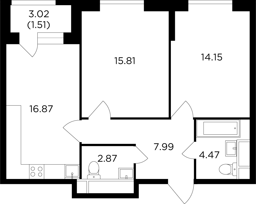 2-комнатная квартира в ЖК FORIVER на 12 этаже в 1 секции. Сдача в 4 кв. 2023 г.