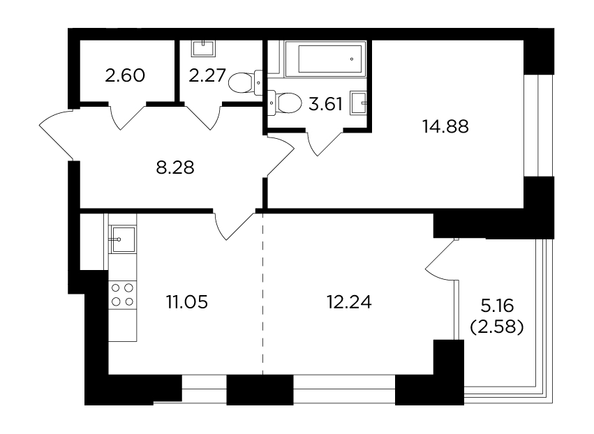 2-комнатная квартира в ЖК Театральный квартал на 13 этаже в 1 секции. Сдача в 1 кв. 2022 г.