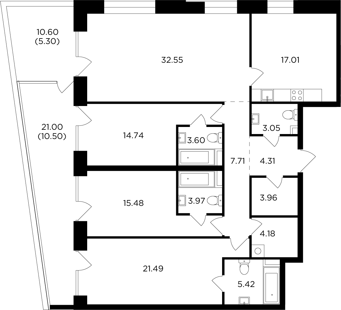 3-комнатная квартира в ЖК Holland park на 2 этаже в 4 секции. Сдача в 4 кв. 2023 г.