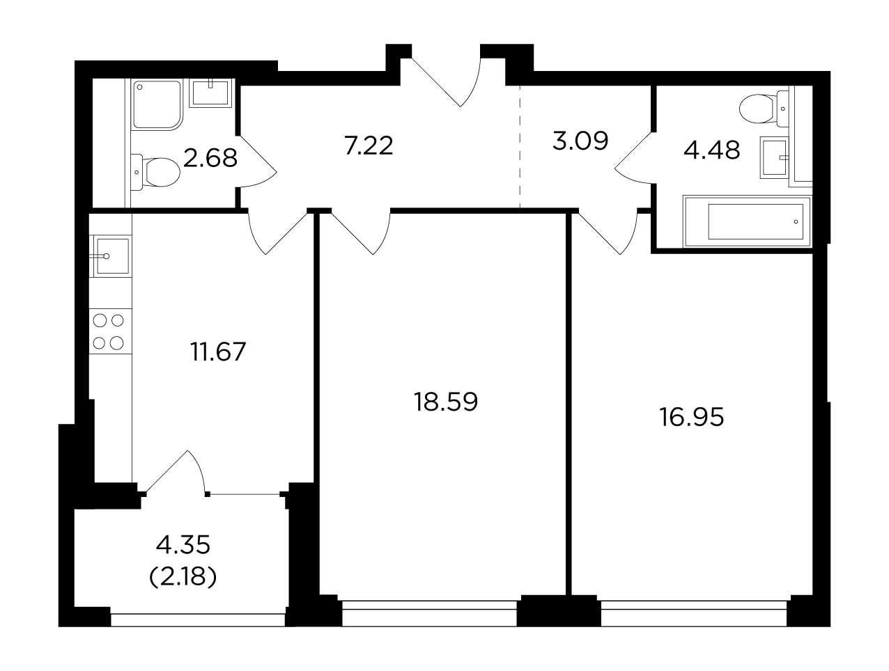 2-комнатная квартира с отделкой в ЖК FORIVER на 13 этаже в 1 секции. Сдача в 4 кв. 2023 г.
