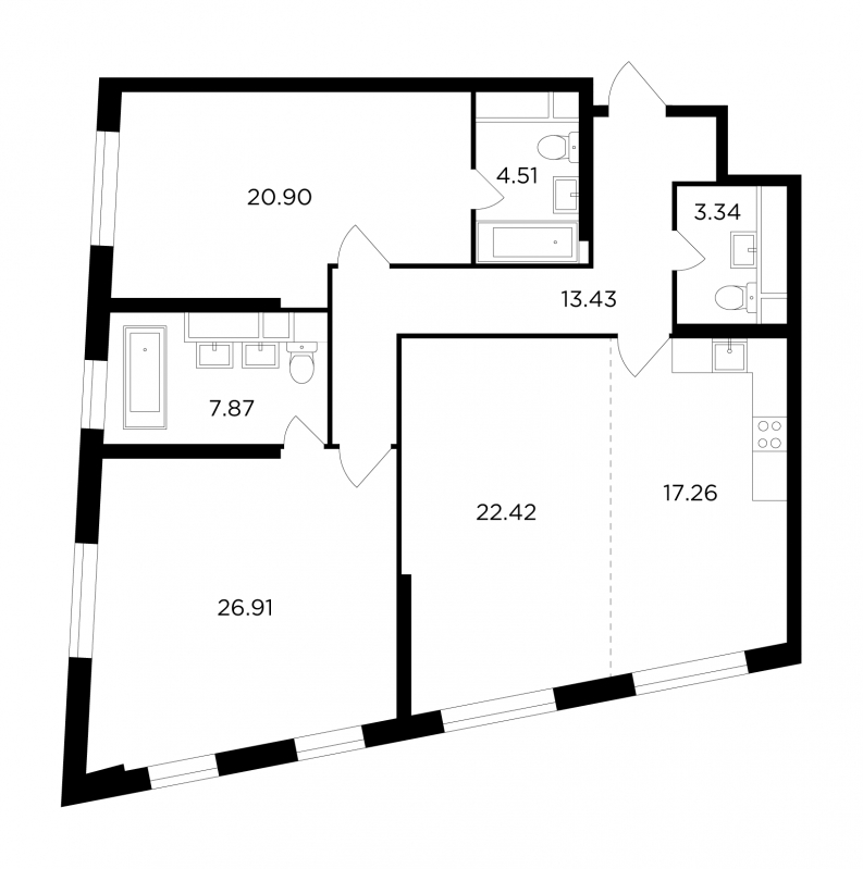2-комнатная квартира в ЖК КутузовGRAD 2 на 28 этаже в 2 секции. Сдача в 3 кв. 2022 г.