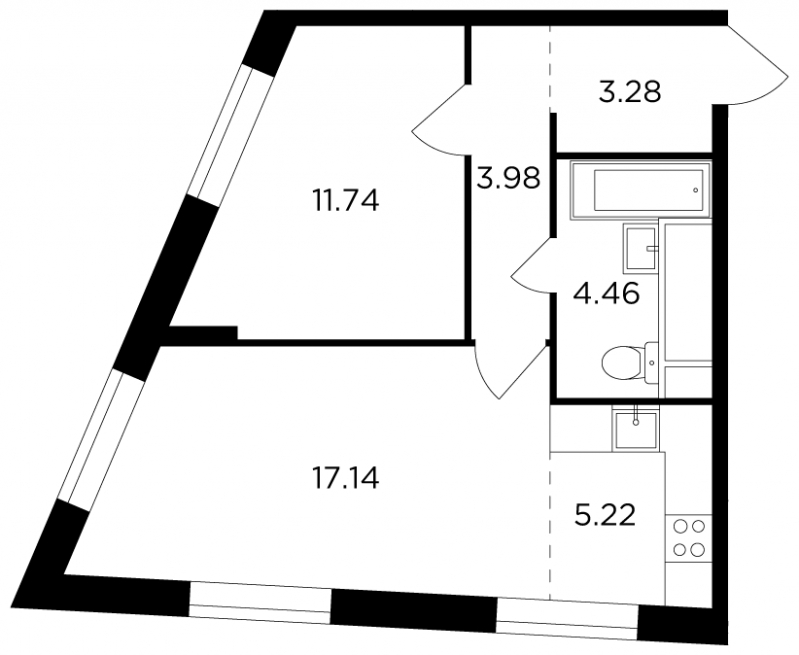 2-комнатная квартира в ЖК КутузовGRAD 2 на 28 этаже в 3 секции. Сдача в 3 кв. 2022 г.