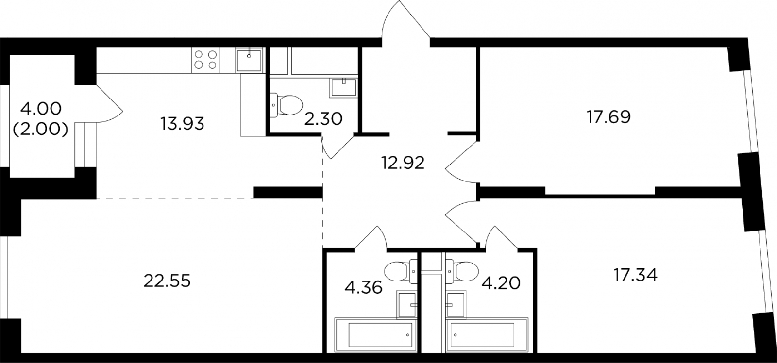3-комнатная квартира в ЖК КутузовGRAD 2 на 7 этаже в 4 секции. Сдача в 3 кв. 2022 г.