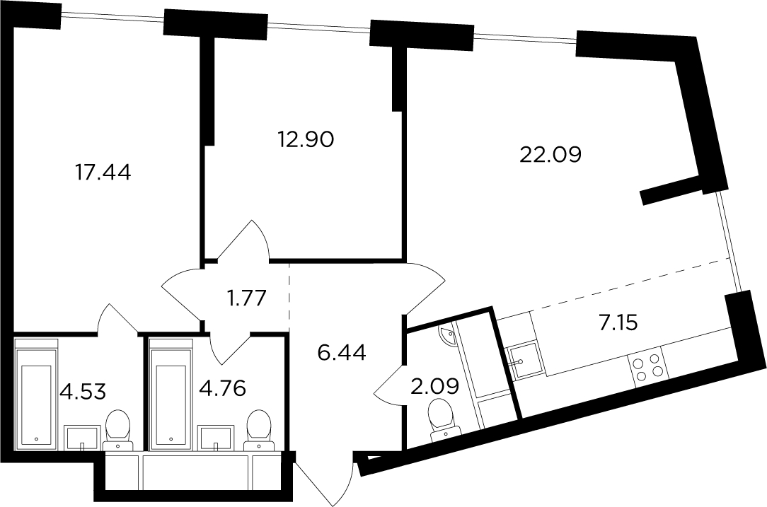 3-комнатная квартира с отделкой в ЖК КутузовGRAD 2 на 30 этаже в 3 секции. Сдача в 3 кв. 2022 г.