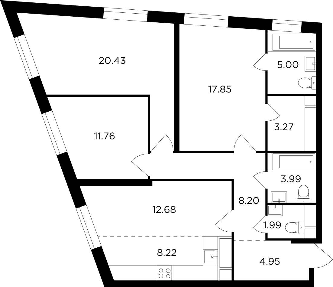 3-комнатная квартира в ЖК FORIVER на 2 этаже в 3 секции. Сдача в 4 кв. 2023 г.