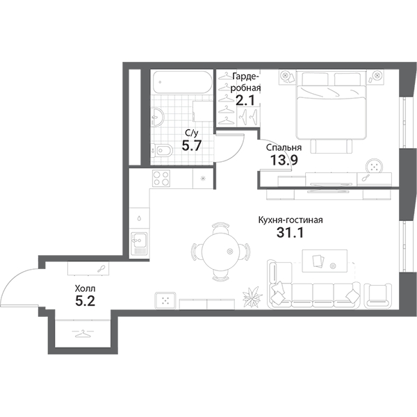 2-комнатная квартира в ЖК RiverSky на 8 этаже в 4 секции. Сдача в 4 кв. 2021 г.
