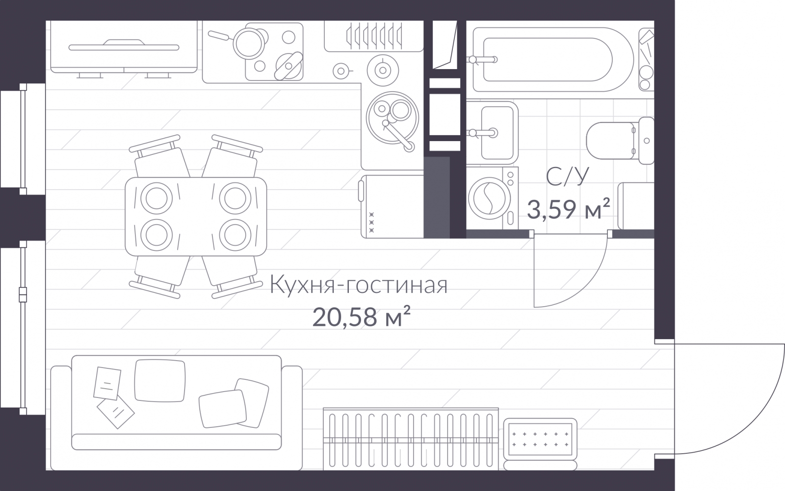 2-комнатная квартира в ЖК КутузовGRAD 2 на 17 этаже в 1 секции. Сдача в 3 кв. 2022 г.