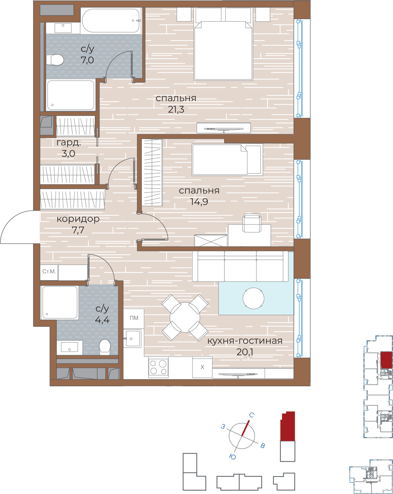 2-комнатная квартира с отделкой в ЖК Кронштадтский 9 на 30 этаже в 1 секции. Сдача в 4 кв. 2023 г.