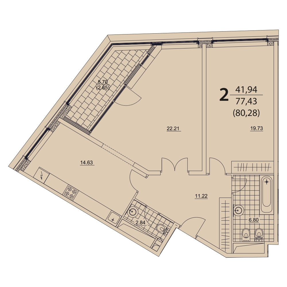 2-комнатная квартира в ЖК LIFE-Варшавская на 7 этаже в 2 секции. Сдача в 1 кв. 2024 г.