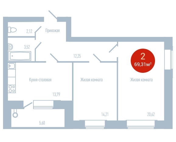 2-комнатная квартира в ЖК Tau House на 15 этаже в 1 секции. Сдача в 3 кв. 2024 г.