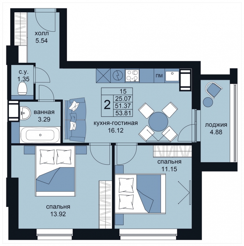 2-комнатная квартира в ЖК Tau House на 10 этаже в 1 секции. Сдача в 3 кв. 2024 г.