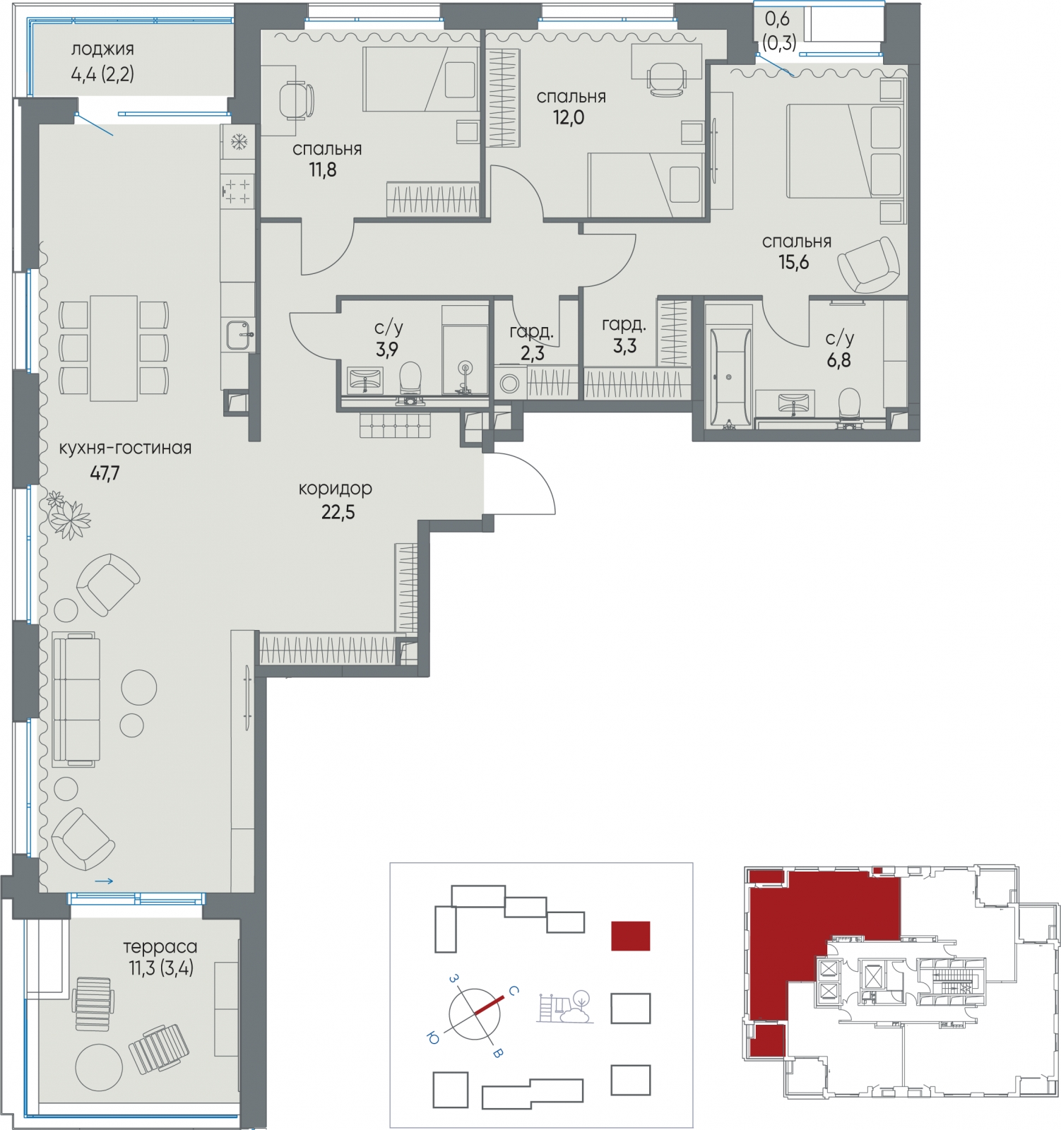 2-комнатная квартира в ЖК Tau House на 25 этаже в 1 секции. Сдача в 3 кв. 2024 г.