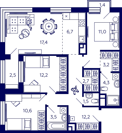 3-комнатная квартира в ЖК FORIVER на 8 этаже в 2 секции. Сдача в 4 кв. 2023 г.